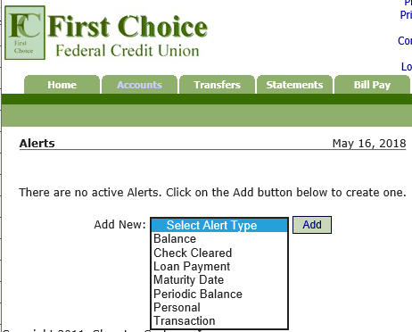 Login First Choice FCU website online banking, and select alerts tab