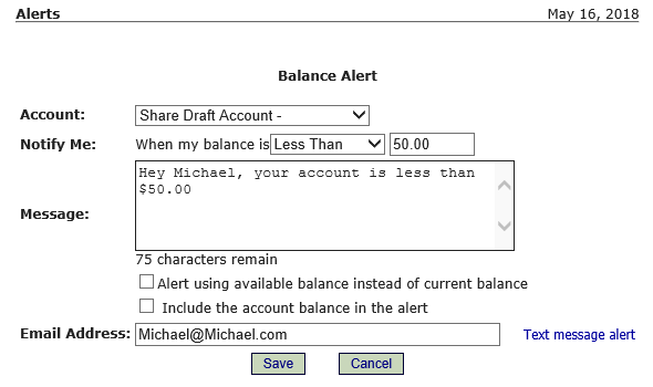 Login First Choice FCU website online banking, and select alerts tab